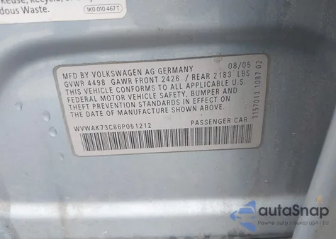 2006 Volkswagen Passat 2.0T из США, поврежденный, VIN WVWAK73C86P051212